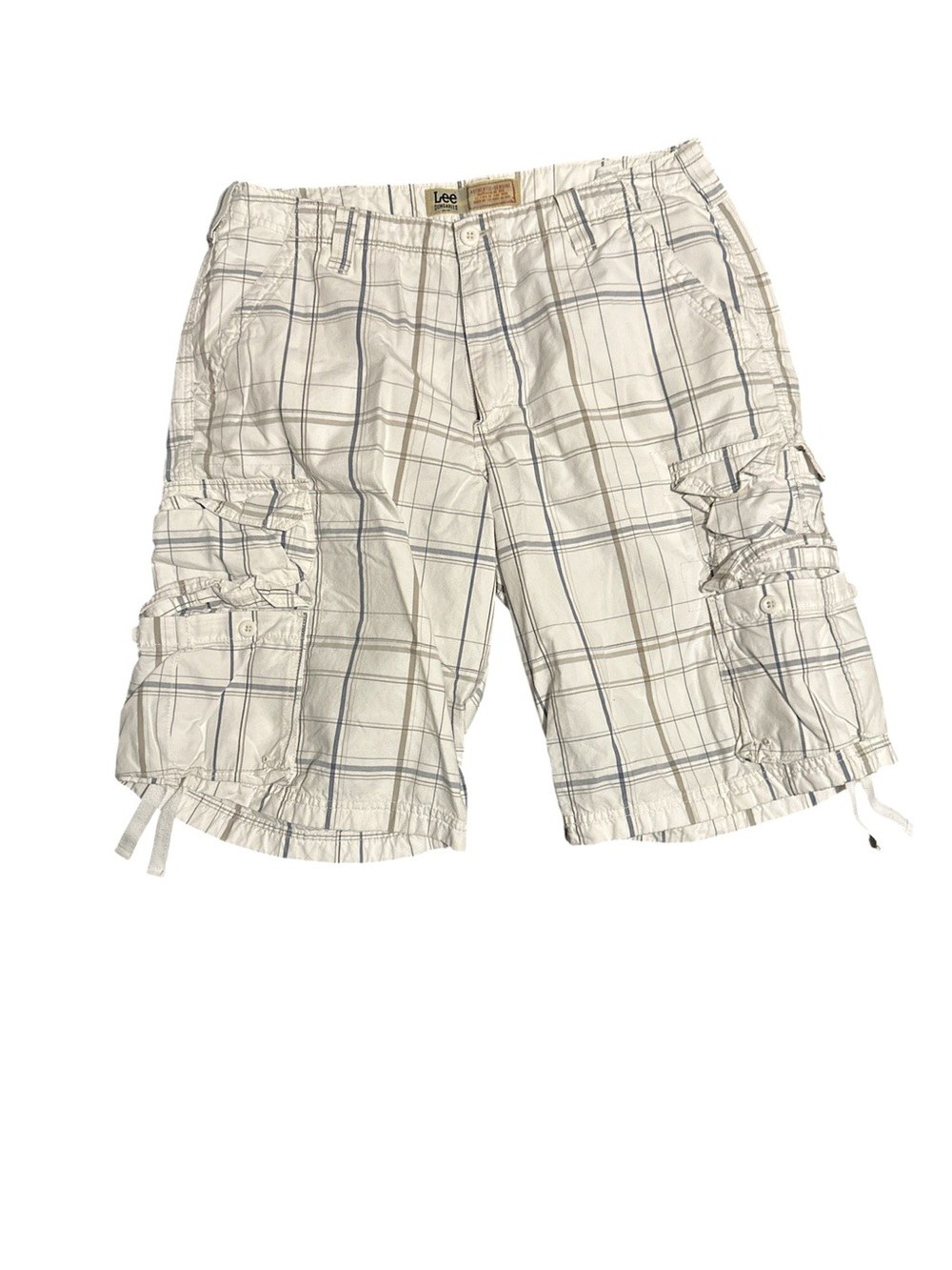 Men’s Lee White Plaid Cargo Shorts with Light Blue and Gray Stripes size 34